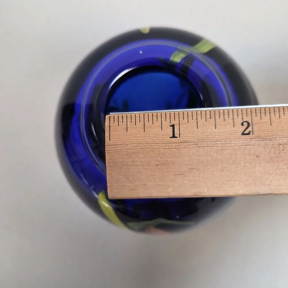 VTG Kusak Art Glass Paperweight Pedestal Vase Cobalt Blue with Cased Flowers 6” - Picture 10 of 11